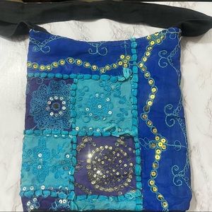Blue cotton boho purse shoulder bag embroidered sequins